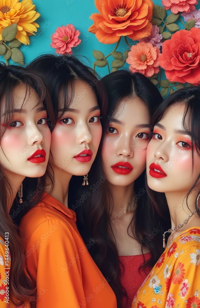 Vibrant K-Pop girl group collage illustration. Girls with red lips, orange dresses posing. Colorful, dynamic artistic design. Trendy fashion style with beautiful asian models. Makeup, hairstyles.