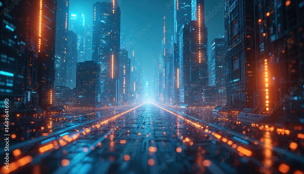 Futuristic cityscape illustration with glowing neon lights, skyscrapers at night. Cyberpunk urban scene, digital city, representing tech innovation. Networked metropolis with connected