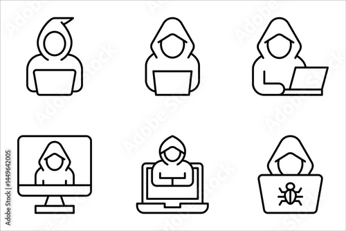 Cyber crime icon set. Cyber hackers attacks on computers, vector illustration on white background