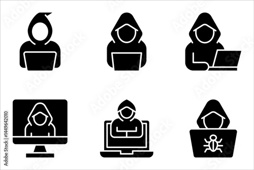 Cyber crime icon set. Cyber hackers attacks on computers, vector illustration on white background