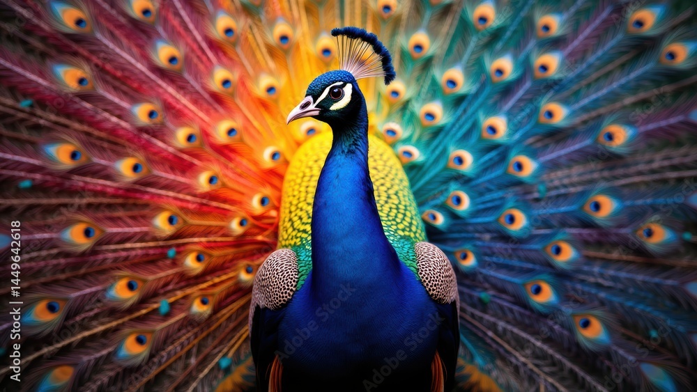 Obraz premium Majestic Peacock Displaying Vibrant Plumage Feathers Open, Colorful Bird, Wildlife Beauty
