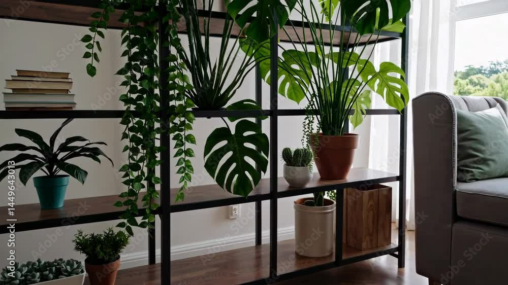 Stylish indoor garden with large plants in a modern living room setting Stylish indoor garden with large plants in a modern living room setting