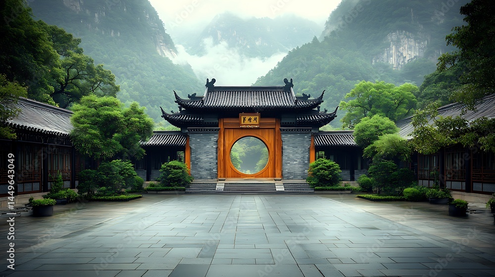 Obraz premium Tranquil Asian temple courtyard. Lush greenery surrounds a grand archway