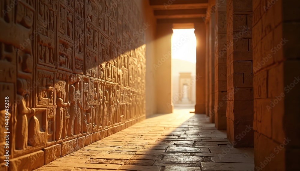 Mystic Edfu temple in Egypt with ancient hieroglyphs. Stone walls with carvings in sunlight. Ancient Egyptian architecture with columns, historical building, heritage site, travel background.