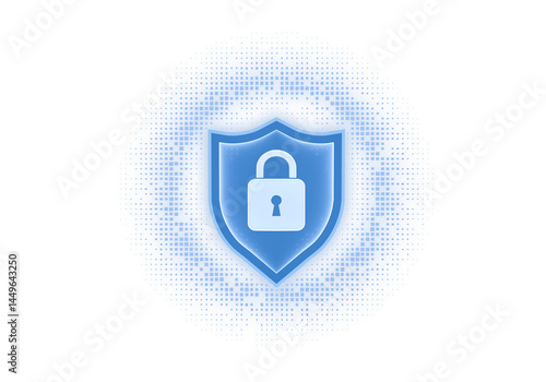 Digital Fortress: A luminous blue shield, adorned with a central padlock, symbolizes digital security and online protection in this illustrative artwork.