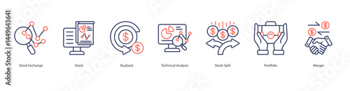 Market Strategy icon sheet stock exchange, stock, buyback, technical analysis, stock split, portfolio, merger