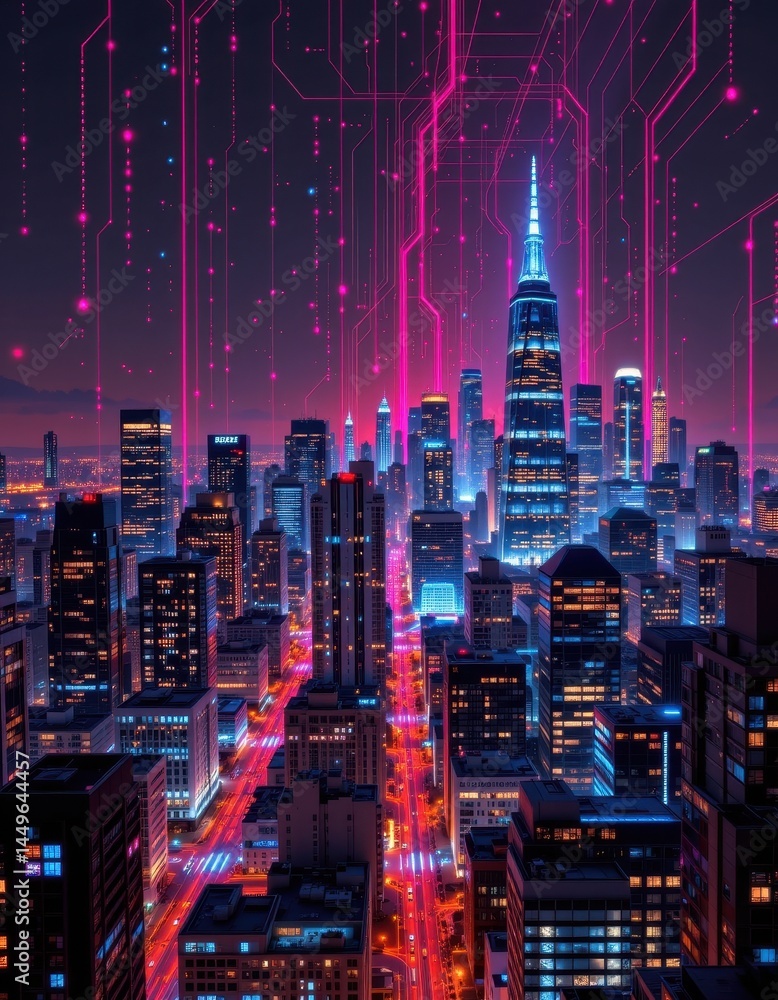 custom made wallpaper toronto digitalnight city skyline with smartgrid data lights flowing across buildings, cybernetic urban vision