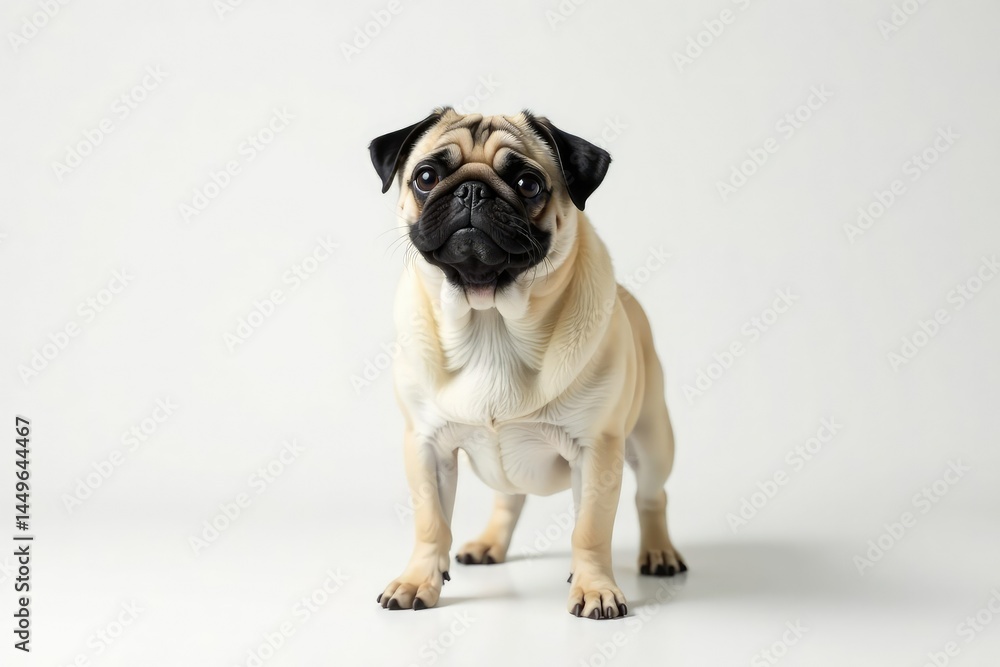 Obraz premium A solo pug poses against a seamless white backdrop, studio, pet image, brown
