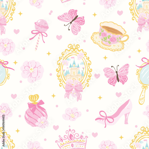 Seamless Princess Fairytale Pattern with Castle, Crown, Mirror, Teacup, Pink Bows and Flowers