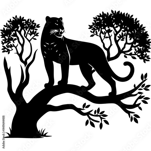 Majestic Panther Silhouette in Tree: Wild Cat Art