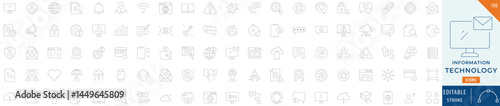 Information Technology collection icon set. Containing computer, device, network, server, communication, security, web, connection, and more. Editable stroke line.