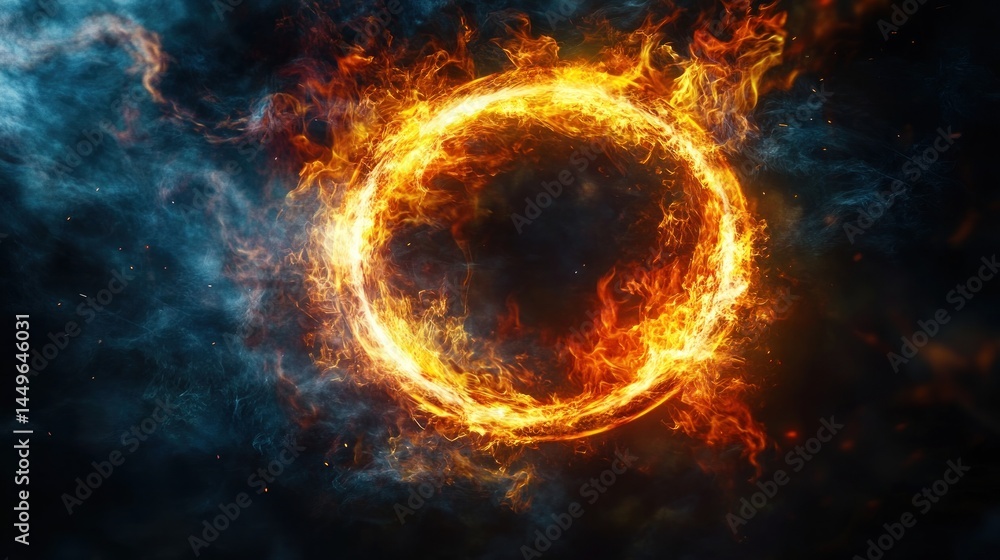 Fototapeta premium Fiery circular energy ring against a backdrop of cosmic clouds.
