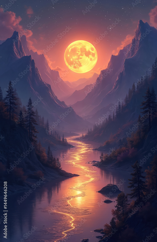 Enchanted nightscape illustration. Serene river reflects radiant full moon in majestic mountains with twinkling stars. Magical, tranquil scenery, epic adventure, journey, exploration.