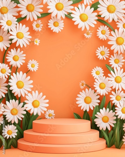 Podium chamomile skincare. White daisies surround an orange podium on a vibrant orange background, creating a cheerful, spring-inspired floral display.