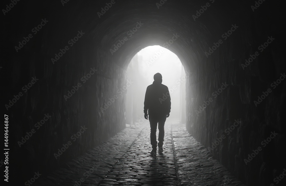Silhouette person walks dark mysterious tunnel. Cobblestone floor foggy atmosphere. Mystery, thriller, adventure concept. Passage, entrance to unknown. Dark, light contrast monochrome style, gothic