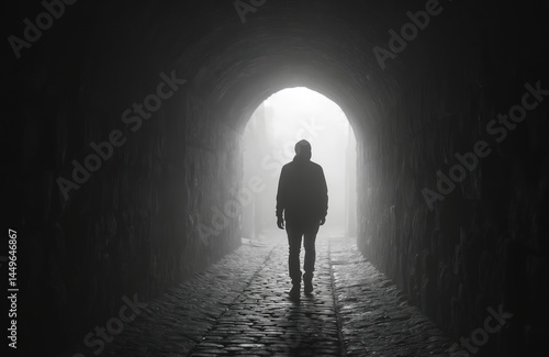 Obraz na płótnie Silhouette person walks dark mysterious tunnel. Cobblestone floor foggy atmosphere. Mystery, thriller, adventure concept. Passage, entrance to unknown. Dark, light contrast monochrome style, gothic w salonie