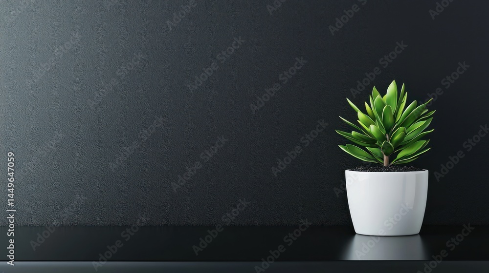 Fototapeta premium A sleek black desk featuring an all-white ceramic plant pot