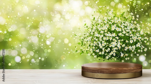 Podium chamomile skincare. Wooden podium with blooming white flowers and a green, bokeh background, creating a fresh, natural spring scene.