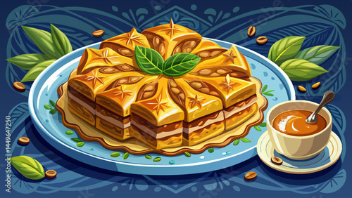Delicately baked with fragrant syrup and spice.
Baklava, a dessert that speaks of tradition.
Crisp, golden edges framed in white.
Excellent choice for luxury dessert vectors.
