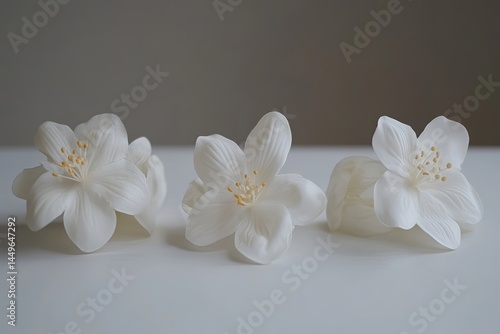 Three delicate white flowers arranged in a row against a neutral backdrop  Softly lit and focused on the floral forms