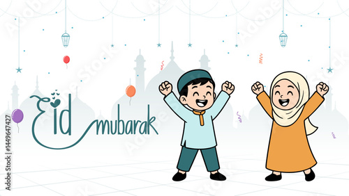 Happy Muslim boy and girl celebrating Eid al-Adha with joyful expressions, traditional clothes, Arabic calligraphy “Eid Mubarak” meaning “Blessed Eid”, mosque silhouette, and colorful balloons