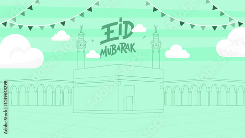Kaaba in Mecca illustrated in a minimalist green cartoon style with Arabic text “Eid Mubarak” meaning “Blessed Eid”, Islamic minarets, festive flags, arches, and cloudy sky background