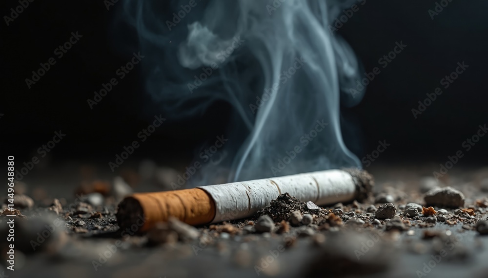 Burning cigarette on ground with smoke. Illustration for anti-smoking campaigns, World No Tobacco Day. Represents dangers of smoking, tobacco addiction and health risks. Concept of quitting smoking.