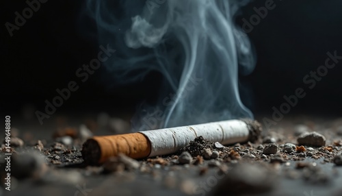 Burning cigarette on ground with smoke. Illustration for anti-smoking campaigns, World No Tobacco Day. Represents dangers of smoking, tobacco addiction and health risks. Concept of quitting smoking.