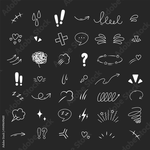 Anime Emotion effect icons. Collection of hand drawn arrows, lines, emphasis, sparkle or sunburst. Vector illustration.