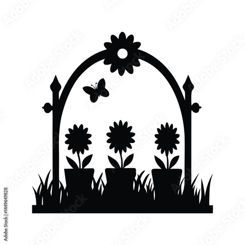 Black silhouette of a garden with flower pots, sunflower, butterfly, and picket fence