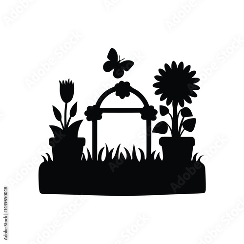 Black silhouette of a garden with flower pots, sunflower, butterfly, and picket fence