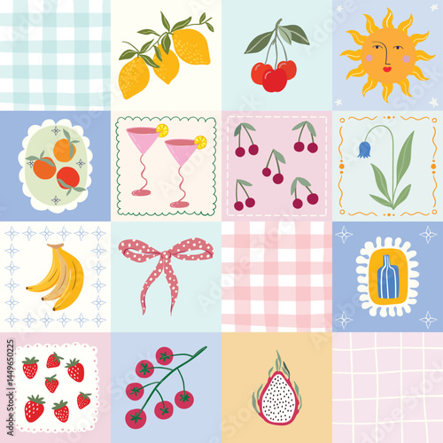 Coquette seamless pattern with summer elements, decorative trendy wallpaper with fruits, whimsical background