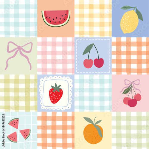 Summer seamless pattern with fruits and bows, coquette wallpaper in delicate colors, vintage style background