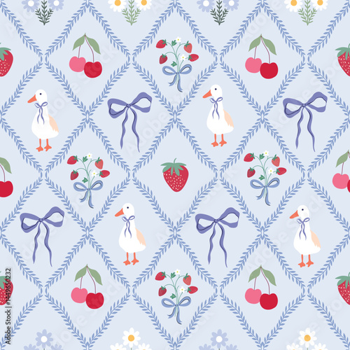 Vintage coquette seamless pattern  with geese, strawberries and cherries, victorian wallpaper, charming background