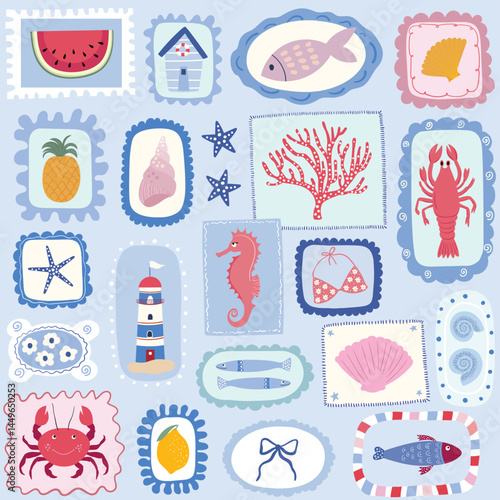 Summer marine seamless pattern, coquette background with stamps, charming wallpaper with lobster, coastal elements