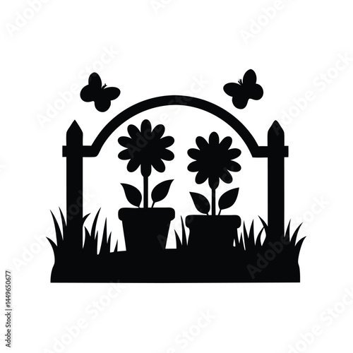 Black silhouette of a garden with flower pots, sunflower, butterfly, and picket fence