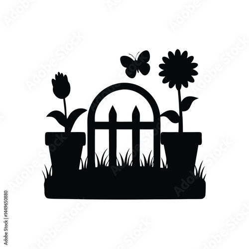 Black silhouette of a garden with flower pots, sunflower, butterfly, and picket fence