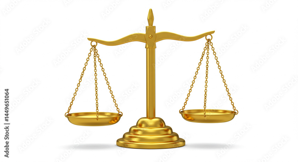 Symmetrical golden scales on a white background representing equilibrium and justice Symmetrical golden scales on a white background representing equilibrium and justice