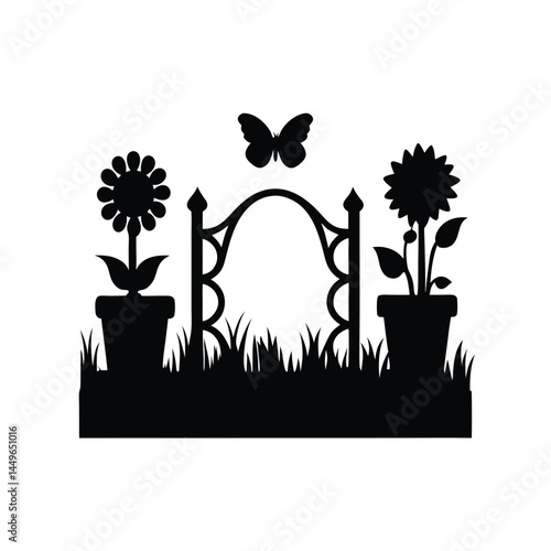 Black silhouette of a garden with flower pots, sunflower, butterfly, and picket fence