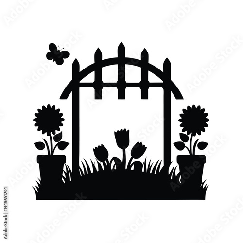 Black silhouette of a garden with flower pots, sunflower, butterfly, and picket fence