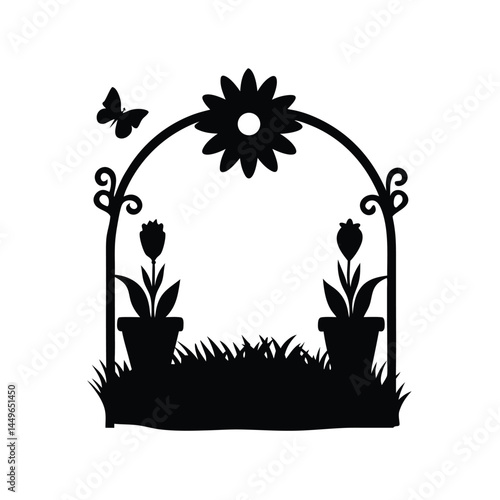 Black silhouette of a garden with flower pots, sunflower, butterfly, and picket fence