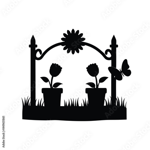 Black silhouette of a garden with flower pots, sunflower, butterfly, and picket fence
