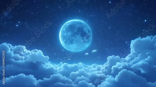 A joyful cartoon moon lying on fluffy clouds surrounded by shimmering stars under a magical night sky