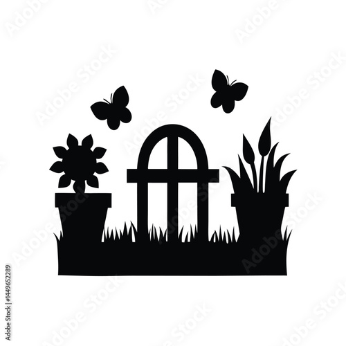 Black silhouette of a garden with flower pots, sunflower, butterfly, and picket fence