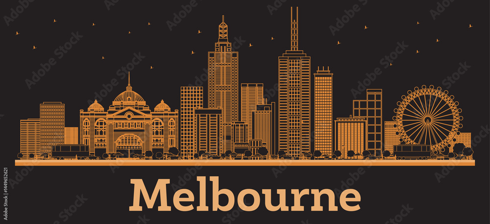 Obraz premium Outline Melbourne Australia City Skyline with orange Buildings. Business Travel and Concept with Modern Architecture. Melbourne Cityscape with Landmarks.