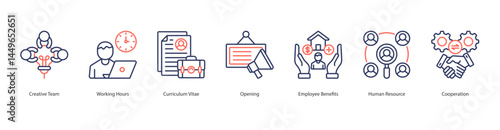 Human Resource Management icon sheet vector creative team, working hours, curriculum vitae, opening, employee benefits, human resource, cooperation