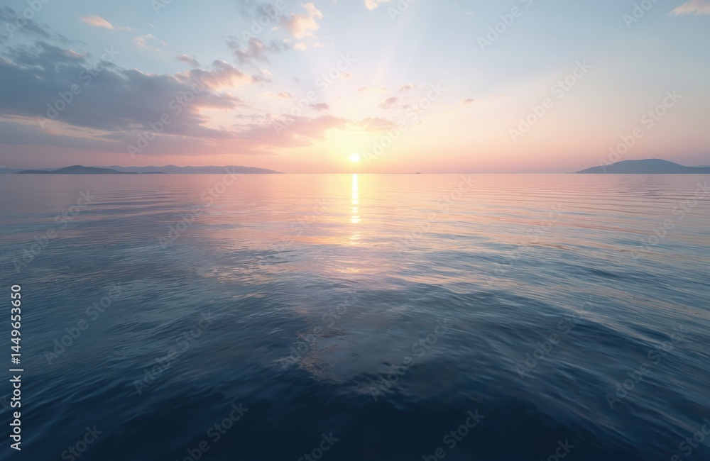 Sunset over ocean, sky, water surface reflects sun. Calm sea landscape, horizon with mountains silhouettes, beautiful pastel colors of dusk, idyllic nature scenery, travel background, serene Sunset over ocean, sky, water surface reflects sun. Calm sea landscape, horizon with mountains silhouettes, beautiful pastel colors of dusk, idyllic nature scenery, travel background, serene