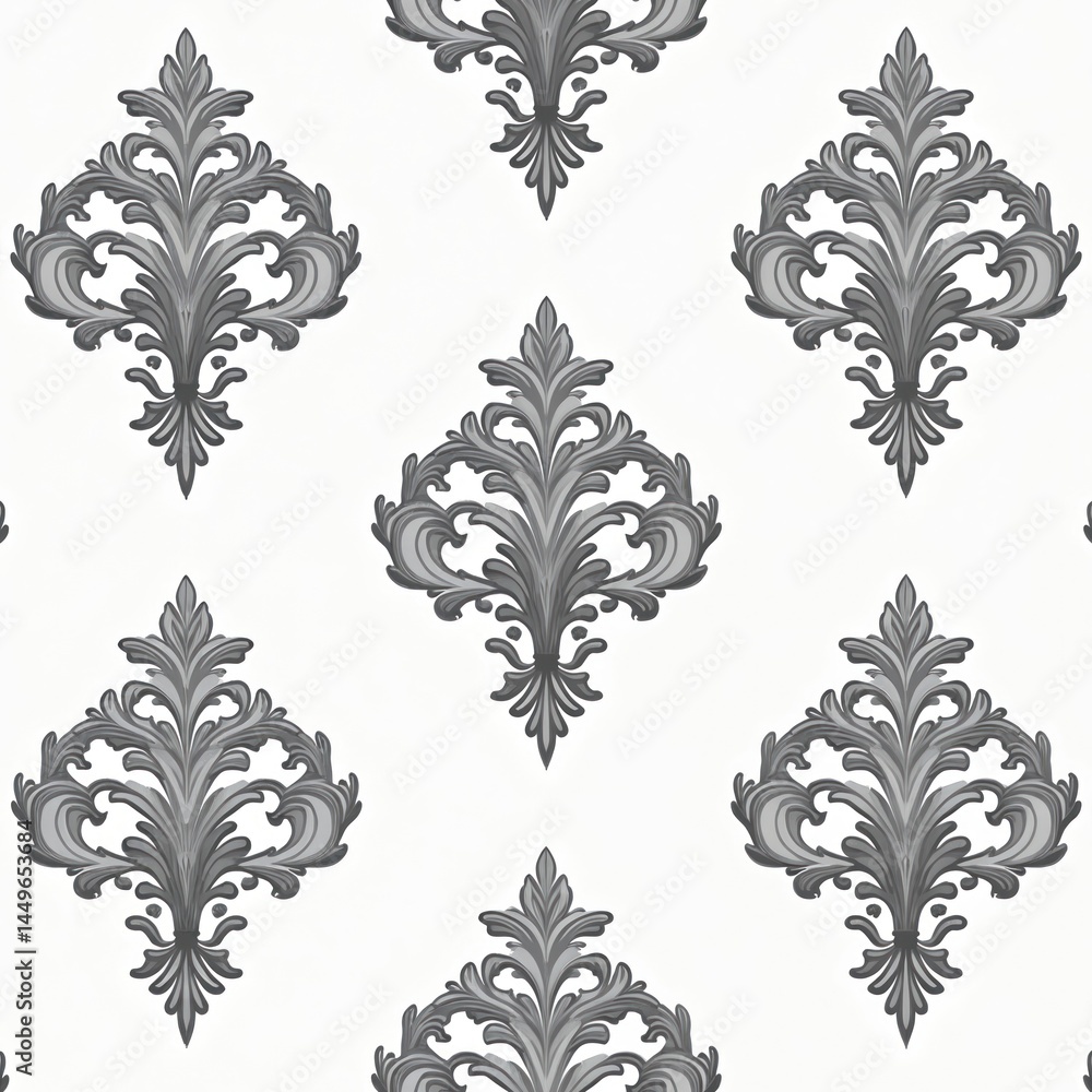 Elegant grayscale damask pattern with repeating ornate floral motifs on white background. Symmetric design. Perfect for textile wallpaper, home decor, interior design, art projects and design element.