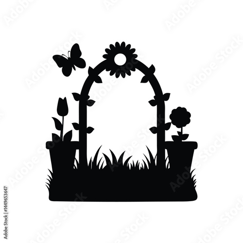 Black silhouette of a garden with flower pots, sunflower, butterfly, and picket fence