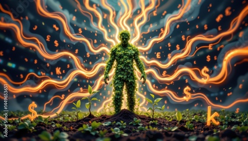 human figure surrounded by kilowatt flows, symbolizing bioenergy